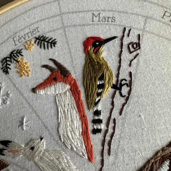 Patron de broderie mois de mars - calendrier de l'année à broder : les saisons, oiseau pic vert