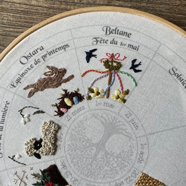 Beltane embroidery pattern, Wheel of the year : calendar to embroider, sabbats phenology wheel, spring may