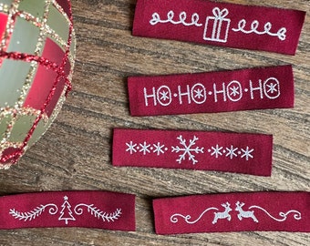 Set of woven sew-on labels : Christmas theme (gift, tree, winter, snow,reindeer)