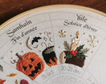 Yule embroidery pattern, Wheel of the year : calendar to embroider, sabbats phenology wheel