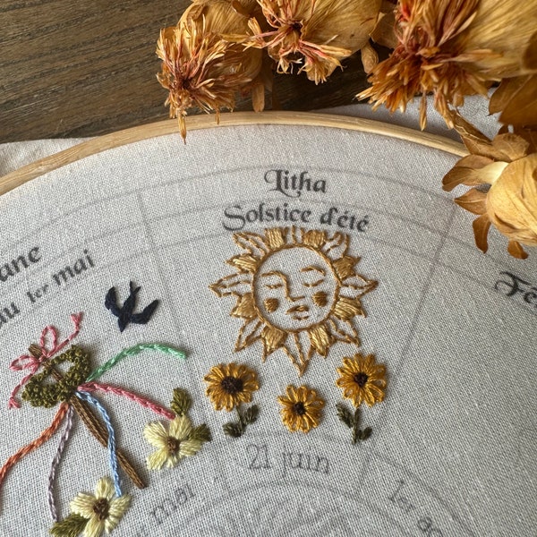 Litha embroidery pattern, Wheel of the year : calendar to embroider, sabbats phenology wheel, summer sun sunflower