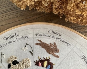 Ostara embroidery pattern, Wheel of the year : calendar to embroider, sabbats phenology wheel, easter spring rabbit bunny