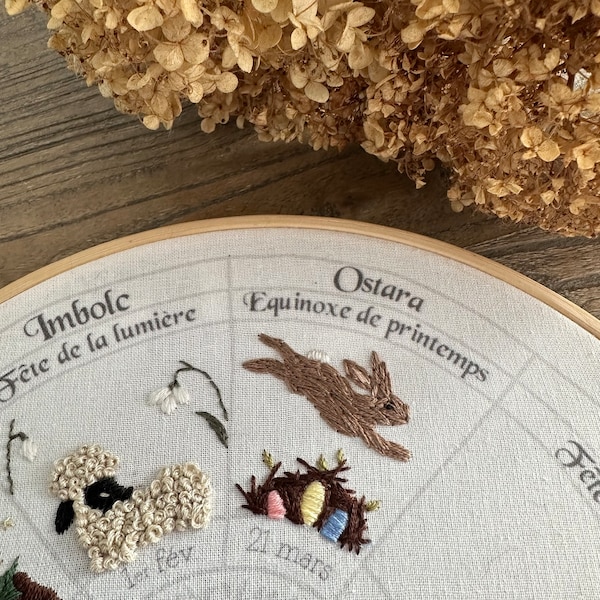 Patron de broderie Ostara - mon calendrier de l'année à broder : les sabbats, disponible en français et en anglais, printemps pâques lapin