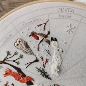 January embroidery pattern : calendar to embroider, seasons winter christmas phenology wheel rabbit