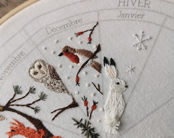 January embroidery pattern : calendar to embroider, seasons winter christmas phenology wheel rabbit