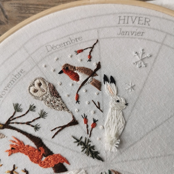 January embroidery pattern : calendar to embroider, seasons winter christmas phenology wheel rabbit