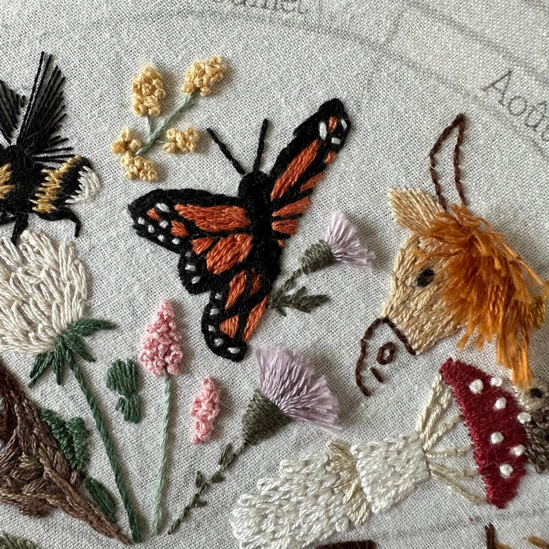 July embroidery pattern : calendar to embroider, seasons phenology wheel, butterfly flower summer garden image 2