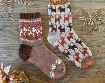 Set of 2 sock patterns Sweet doggie friend and I woof you - French and English Pdf knitting pattern colorwork, dog