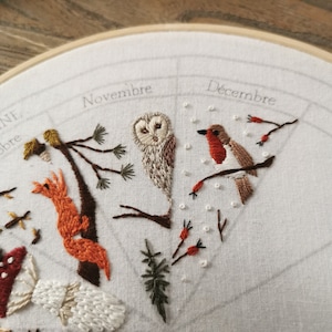 December embroidery pattern : calendar to embroider, seasons winter christmas phenology wheel