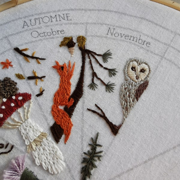 November embroidery pattern : calendar to embroider, seasons winter christmas phenology wheel owl