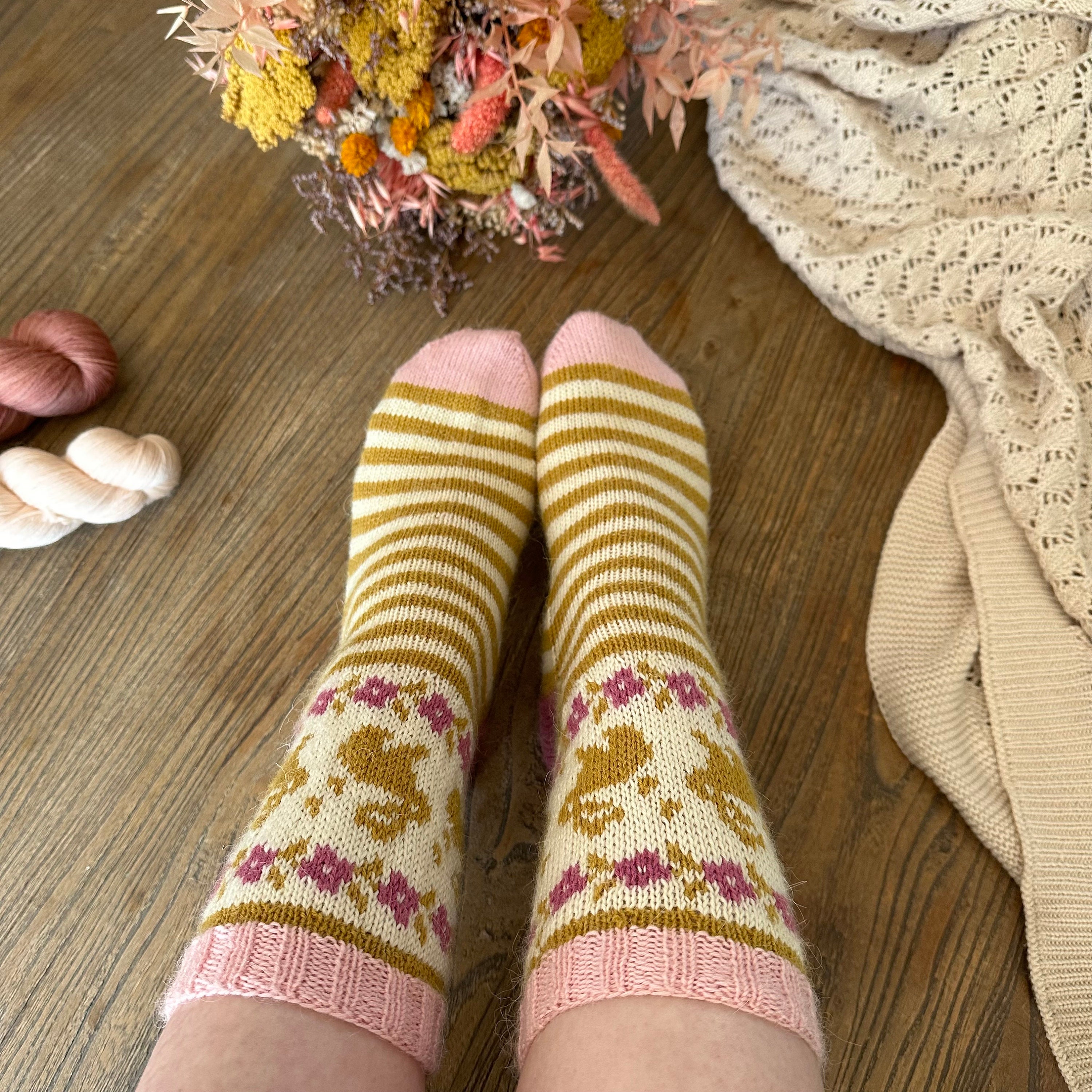 Color Work Knitting Chart Rabbit Spring Rabbit Socks - Pdf Knitting Pattern Colorwork, Flower, Stripes ...