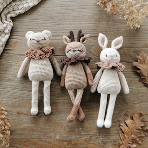 The woodland trio- Rabbit deer bear amigurumi crochet pattern PDF in english (US terms) French