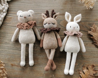 The woodland trio- Rabbit deer bear amigurumi crochet pattern PDF in english (US terms) French