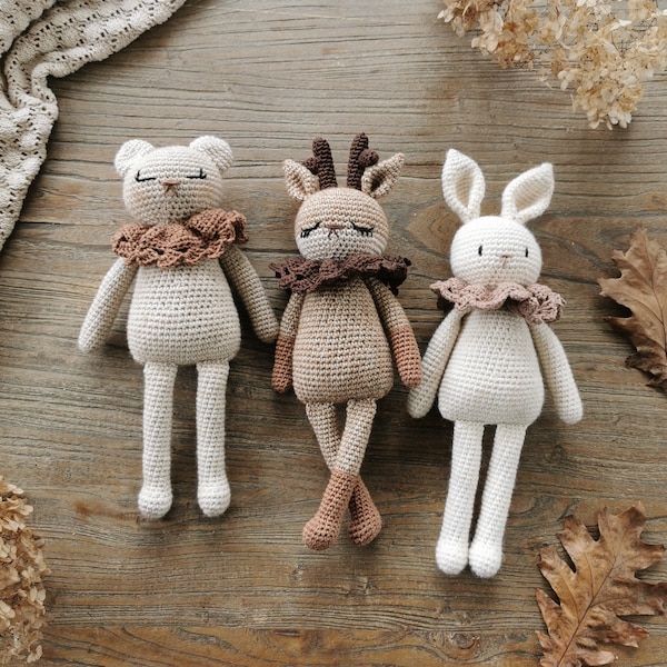 The woodland trio- Rabbit deer bear amigurumi crochet pattern PDF in english (US terms) French