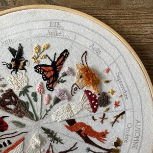 July embroidery pattern : calendar to embroider, seasons phenology wheel, butterfly flower summer garden image 4