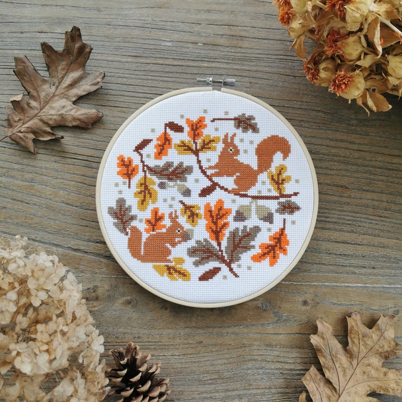 Autumn under the old oak : Beginner cross stitch kit, squirrel embodery image 3