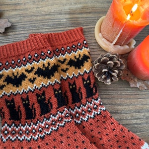 Spooky season socks Pdf knitting pattern colorwork, black cat bat skeleton skull halloween image 4