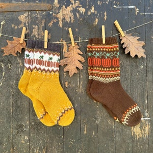 Set of 2 sock patterns Autumn harvest and Pumpkin patch - French and English Pdf knitting pattern colorwork, autumn fall