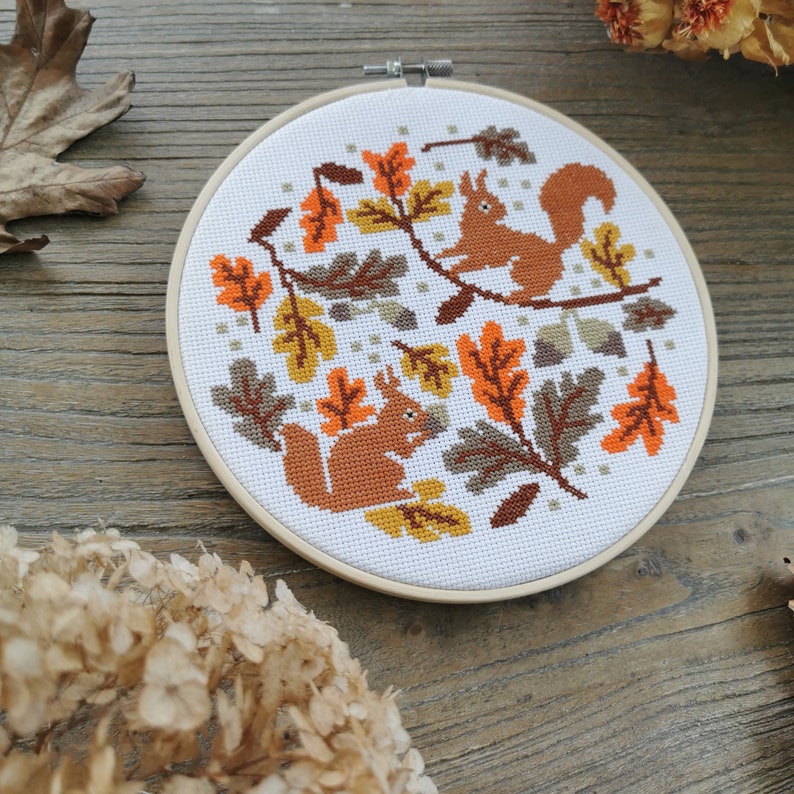 Autumn under the old oak : Beginner cross stitch kit, squirrel embodery image 4