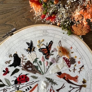 July embroidery pattern : calendar to embroider, seasons phenology wheel, butterfly flower summer garden image 3