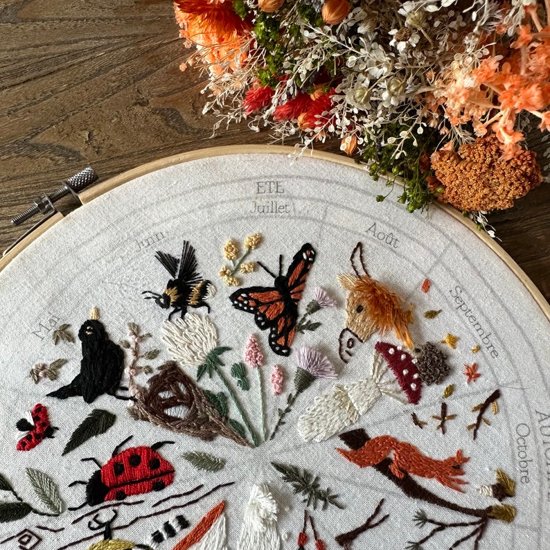 July embroidery pattern : calendar to embroider, seasons phenology wheel, butterfly flower summer garden image 3