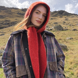 Può includere: Una sciarpa con cappuccio lavorata a maglia di colore rosso acceso con finitura testurizzata, indossata sopra una giacca a maniche lunghe con motivo a quadri blu scuro, grigio e giallo, colletto in velluto a coste nero e finiture marroni.