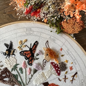 July embroidery pattern : calendar to embroider, seasons phenology wheel, butterfly flower summer garden image 1