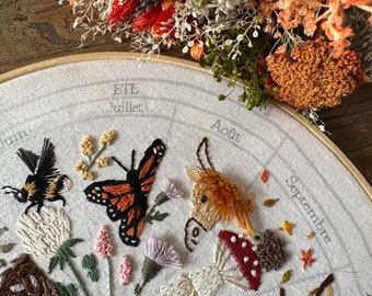 July embroidery pattern : calendar to embroider, seasons phenology wheel, butterfly flower summer garden