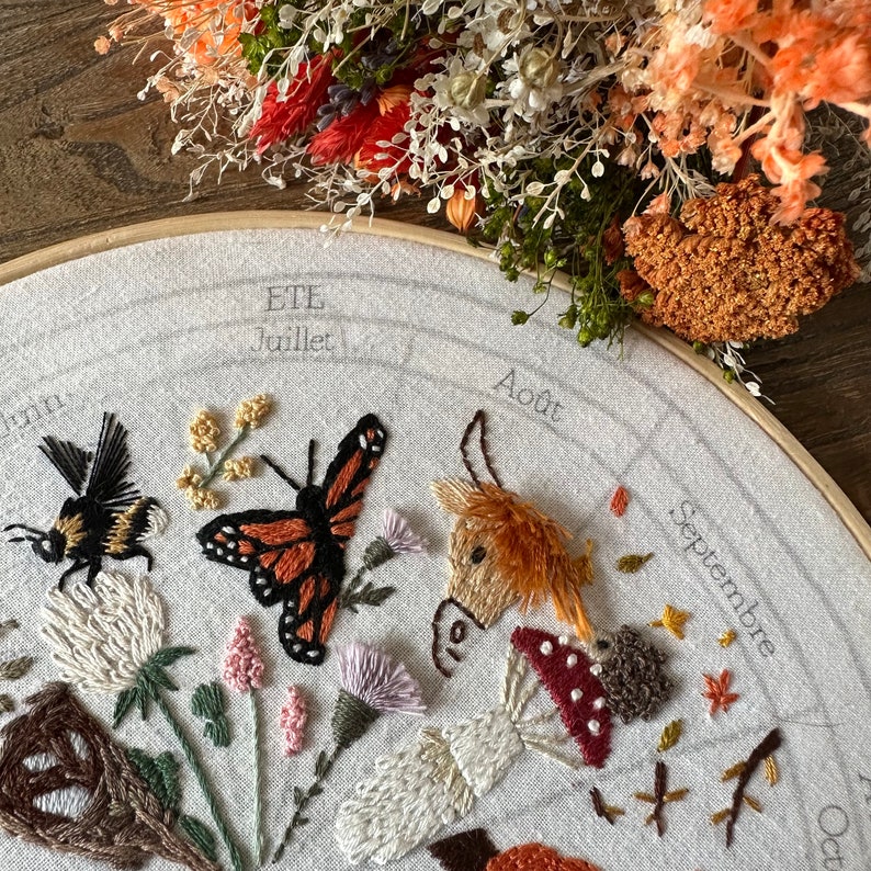 July embroidery pattern : calendar to embroider, seasons phenology wheel, butterfly flower summer garden image 1