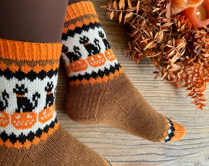 Pumcat Socks - Pdf Knitting Pattern Colorwork, Autumn Halloween Black ...