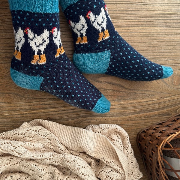 White goose socks - Pdf knitting pattern colorwork, rain boots (available in english and french)