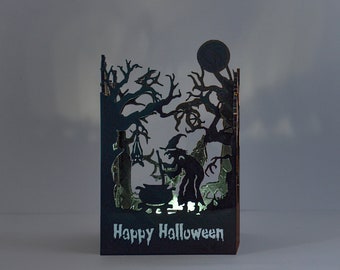 3D Printed Halloween Shadow Box Lamp: Gothic Witch Scene
