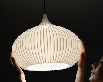 Scandinavian Beige Oval Pendant Light Shade | Sleek Stripped Hanging Lamp With Ceiling Fixture Set