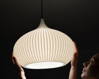 Scandinavian Beige Oval Pendant Light Shade | Sleek Stripped Hanging Lamp With Ceiling Fixture Set