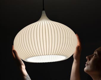 Scandinavian Beige Oval Pendant Light Shade | Sleek Stripped Hanging Lamp With Ceiling Fixture Set