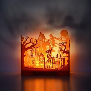 Halloween Shadowbox Haunted witch&#39;s house - 3D printed Pumpkin party decor lamp - Halloween Spooky macabre shadow box