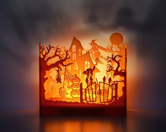 Halloween Shadowbox Lamp: Haunted Witch House, 3D Printed Decor