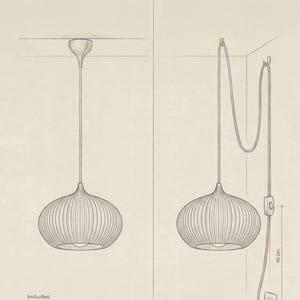 Peut inclure: Une illustration technique pr&eacute;sentant deux options d'installation d'&eacute;clairage : une option avec pavillon de plafond et c&acirc;ble en tissu de 1 m avec douille E27/A19, et une option avec cordon enfichable, c&acirc;ble en tissu blanc de 4 m, interrupteur et crochets.