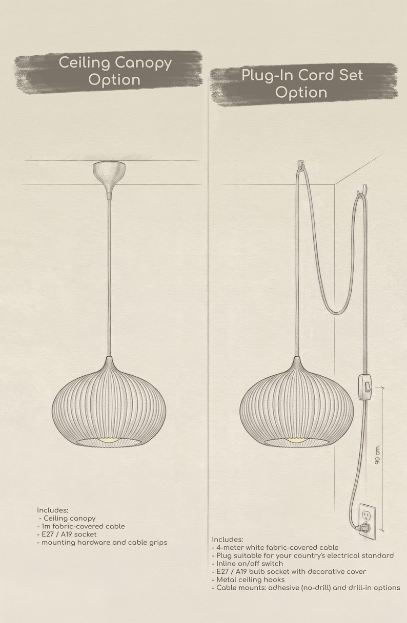 Peut inclure: Une illustration technique pr&eacute;sentant deux options d'installation d'&eacute;clairage : une option avec pavillon de plafond et c&acirc;ble en tissu de 1 m avec douille E27/A19, et une option avec cordon enfichable, c&acirc;ble en tissu blanc de 4 m, interrupteur et crochets.