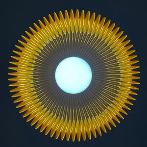 Peut inclure: Un luminaire circulaire dot&eacute; d'un centre blanc brillant et lumineux, entour&eacute; d'un &eacute;ventail radial de nombreux rayons fins jaune dor&eacute; qui s'&eacute;tendent vers l'ext&eacute;rieur pour former un motif en &eacute;toile sur un fond sombre et uni.