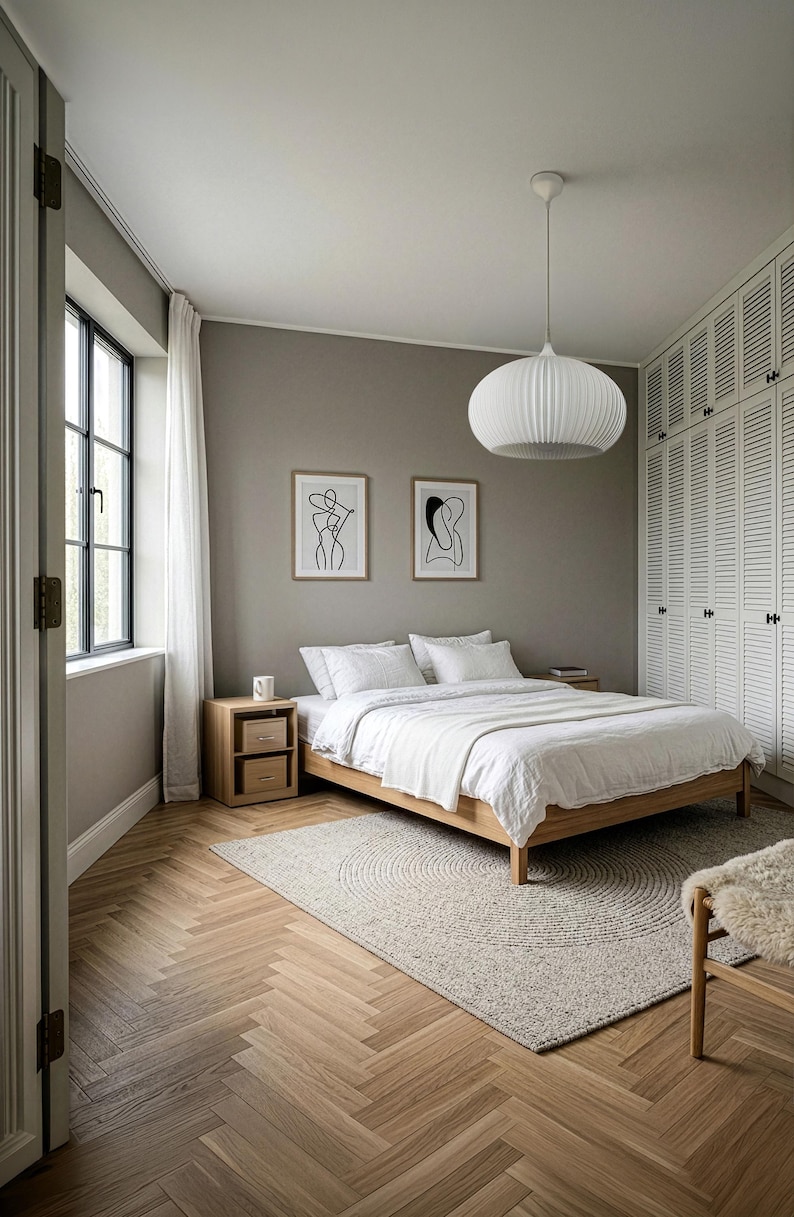 A bedroom featuring a wooden bed frame with white bedding, two wooden nightstands, and a white pendant light. The walls are painted a neutral gray, decorated with two framed line art prints, and the floor has a herringbone wood pattern.