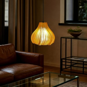 Mid Century Amber Pendant Light: 3D Printed Wavy Lampshade