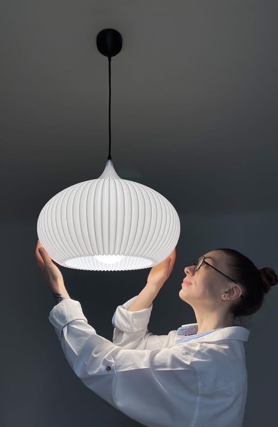 White Pendant Light Shade | Scandinavian Striped Oval Lamp, Nordic Japandi Ceiling Light for Bedroom & Living Room, Plug In Option