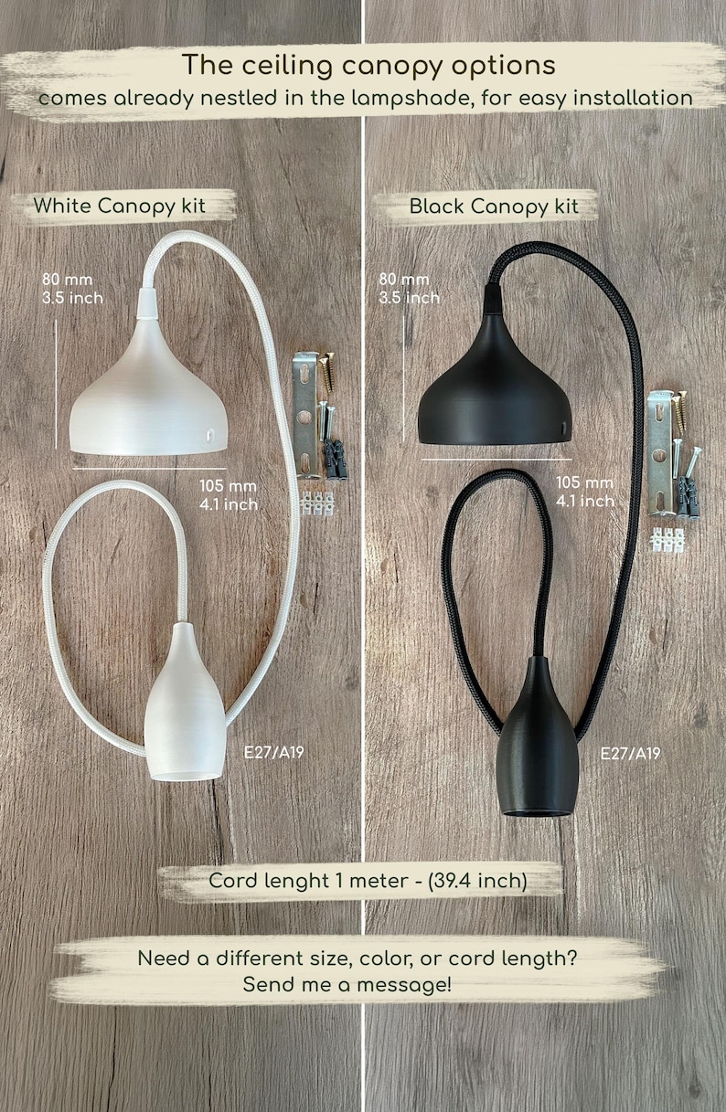 Two ceiling canopy kits, one white and one black, each featuring a 3.5 inch diameter canopy, a 4.1 inch tall socket, and a 39.4 inch cord. Each kit includes mounting hardware and is compatible with E27/A19 bulbs for lighting installations.