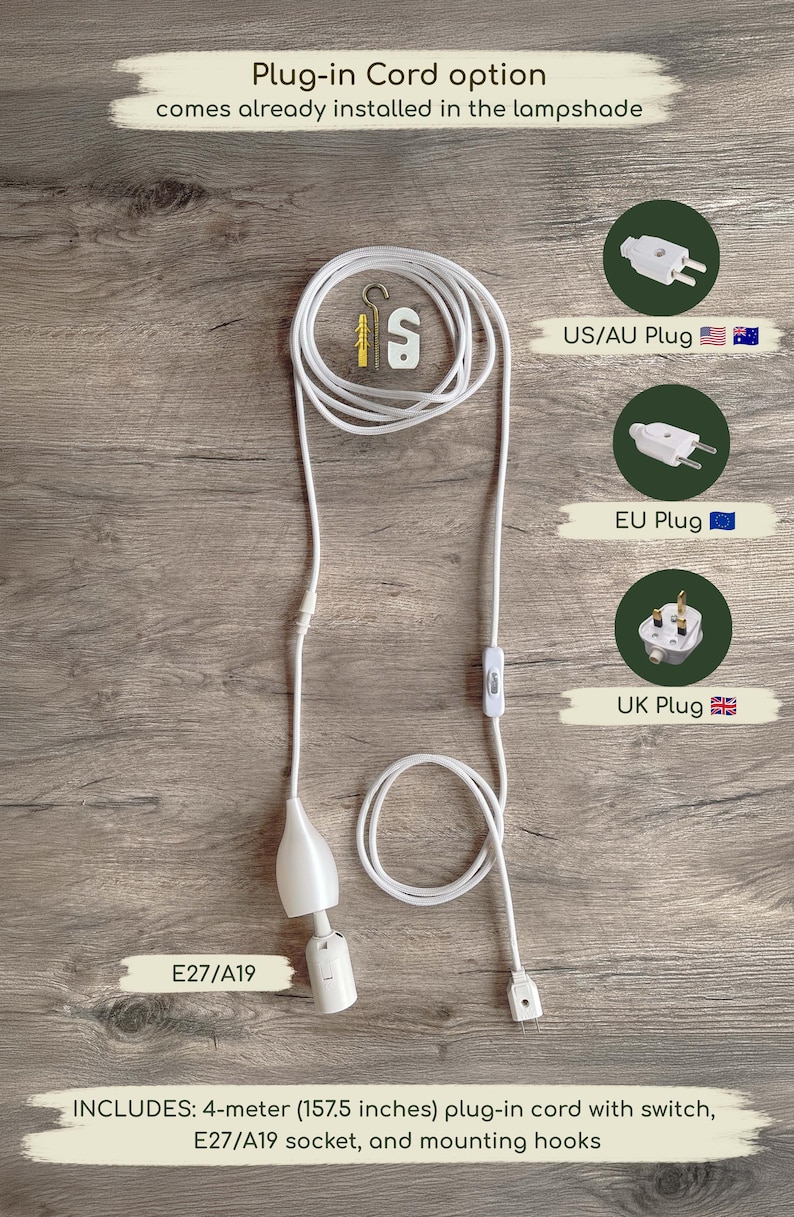 Peut inclure: Un cordon &eacute;lectrique blanc pour lampe avec douille E27/A19, interrupteur et crochets de fixation. L'ensemble comprend un cordon de 4 m&egrave;tres et des options de prises US/AU, EU ou UK, con&ccedil;u pour &ecirc;tre install&eacute; dans un abat-jour.