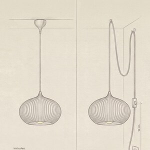 A technical illustration showing two lighting installation options: a Ceiling Canopy Option with a 1m fabric-covered cable and E27/A19 socket, and a Plug-In Cord Set Option with a 4-meter white fabric-covered cable, inline switch, and hooks.