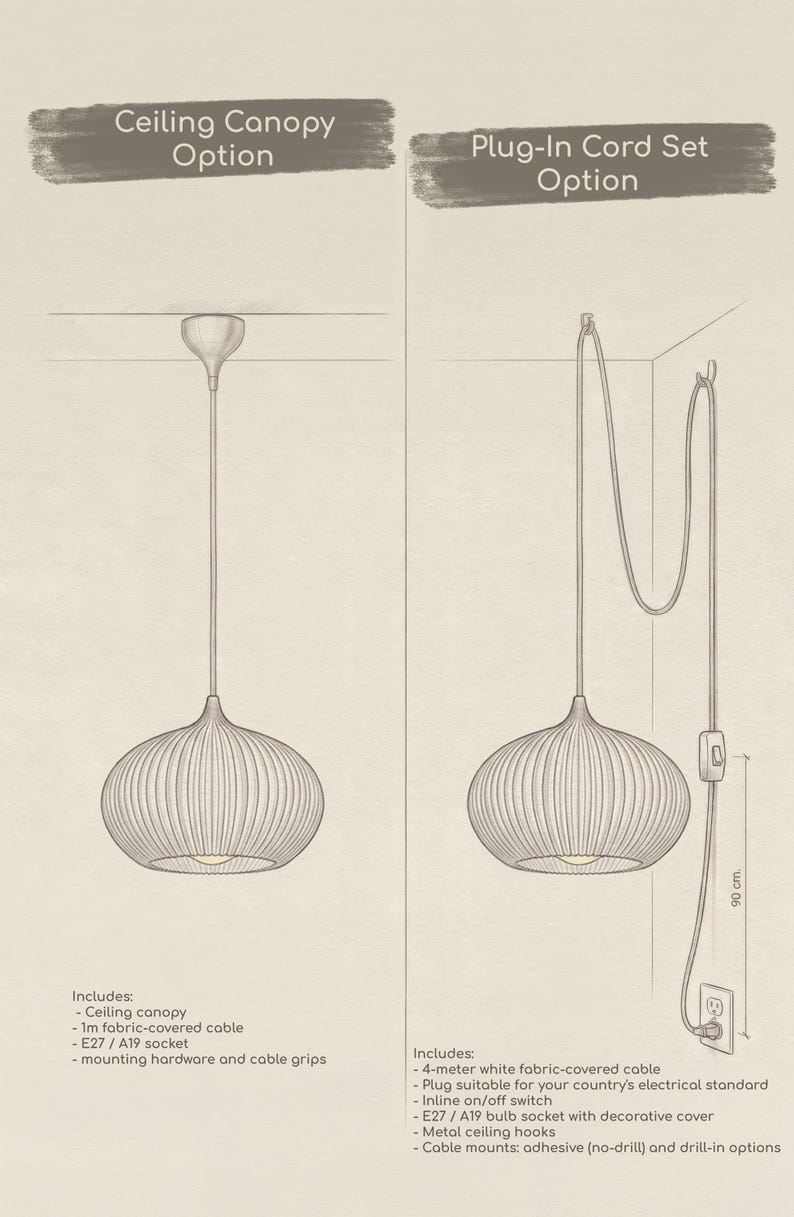 A technical illustration showing two lighting installation options: a Ceiling Canopy Option with a 1m fabric-covered cable and E27/A19 socket, and a Plug-In Cord Set Option with a 4-meter white fabric-covered cable, inline switch, and hooks.