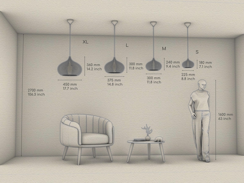 A diagram showing four pendant lights in sizes XL, L, M, and S, with dimensions in mm and inches. The XL light is 17.7 inches wide and 14.2 inches high, L is 14.8 by 11.8 inches, M is 11.8 by 9.4 inches, and S is 8.8 by 7.1 inches.
