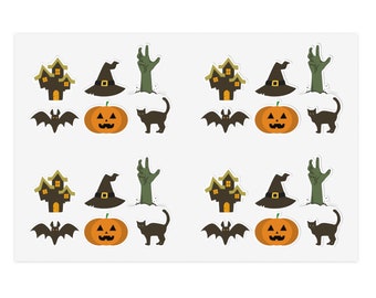May include: A sticker sheet featuring four identical sets of Halloween-themed illustrations. Each set includes a brown haunted house, a black witch hat, a green zombie hand, a brown bat, an orange jack-o'-lantern, and a black cat silhouette.
