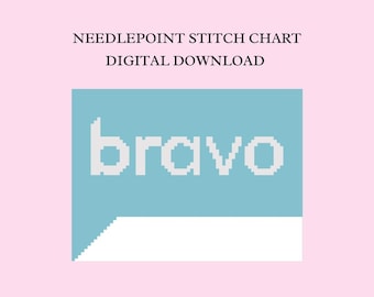 May include: Digital needlepoint stitch chart with the word "bravo" in white pixelated font on a light blue background. The text "NEEDLEPOINT STITCH CHART DIGITAL DOWNLOAD" is above the graphic on a pink background.